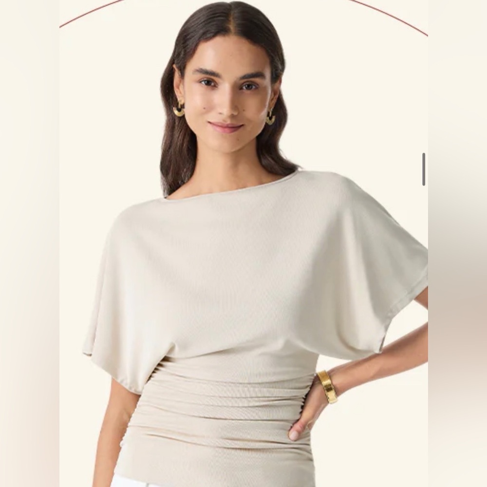 NWT - MORNING MIST - Effortless Boatneck Batwing Sleeve Side Ruched Top
